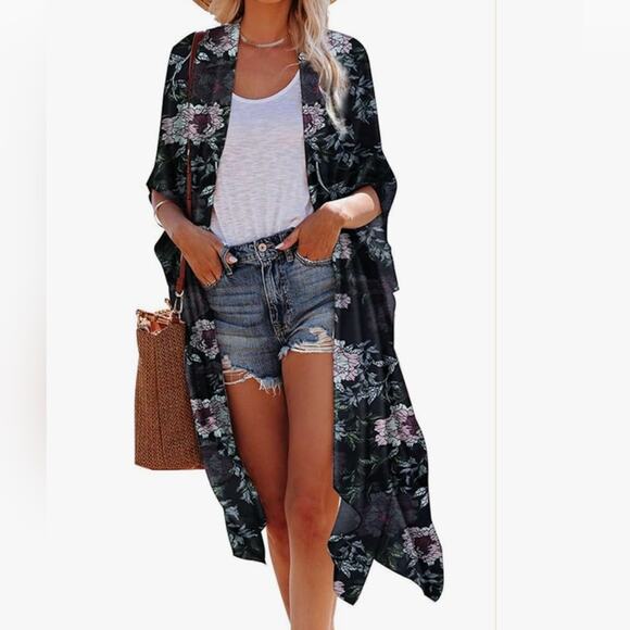 Hibluco Sheer Chiffon Black Floral Kimono Cardigan Long Swimwear Cover Up Sz 2XL - Picture 1 of 10